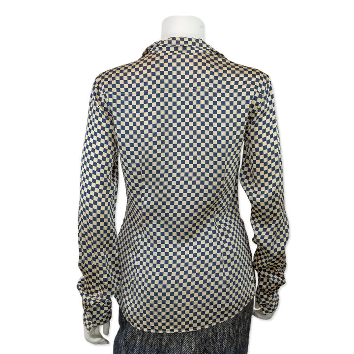 Dolce 
Gabbana Silk Blue and Ivory Checkered Button Down Blouse