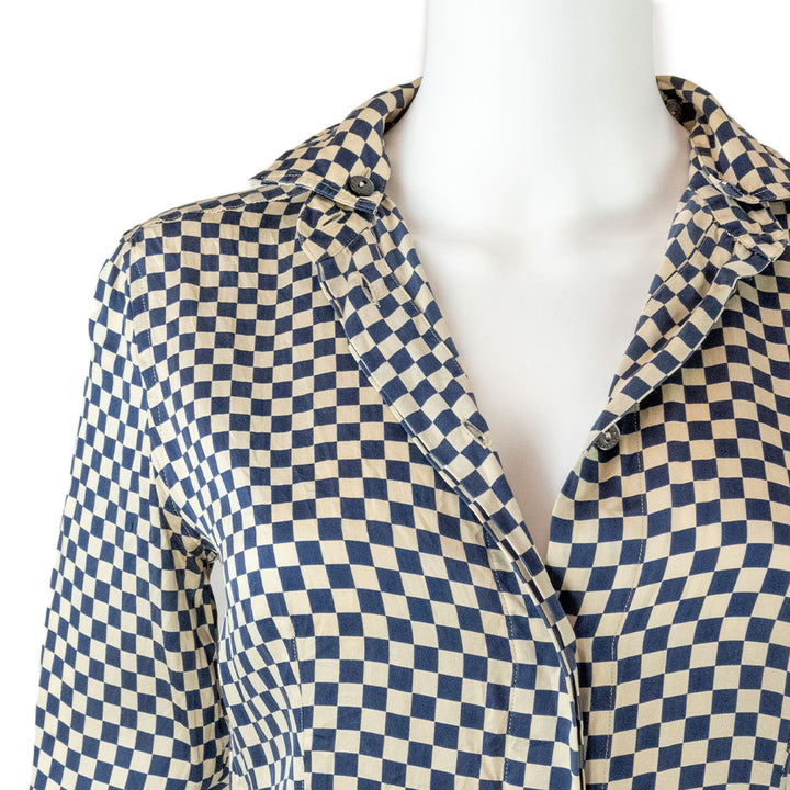 Dolce 
Gabbana Silk Blue and Ivory Checkered Button Down Blouse