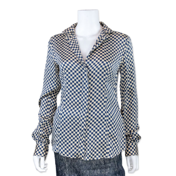 Dolce 
Gabbana Silk Blue and Ivory Checkered Button Down Blouse