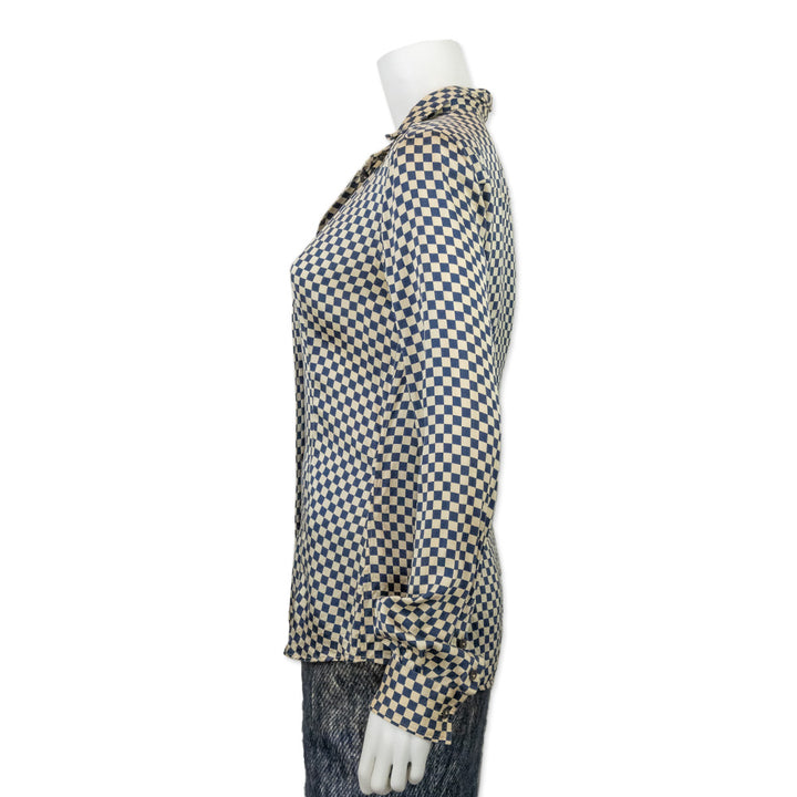 Dolce 
Gabbana Silk Blue and Ivory Checkered Button Down Blouse