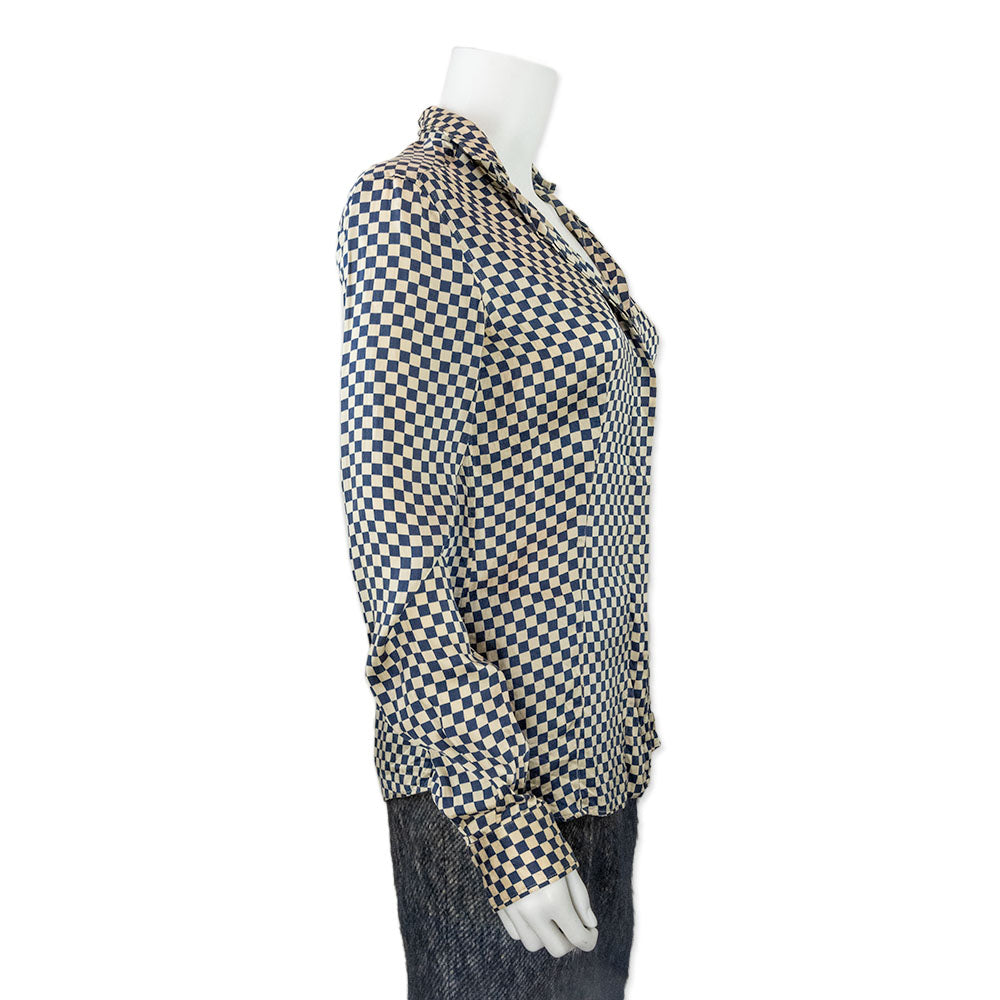 Dolce 
Gabbana Silk Blue and Ivory Checkered Button Down Blouse