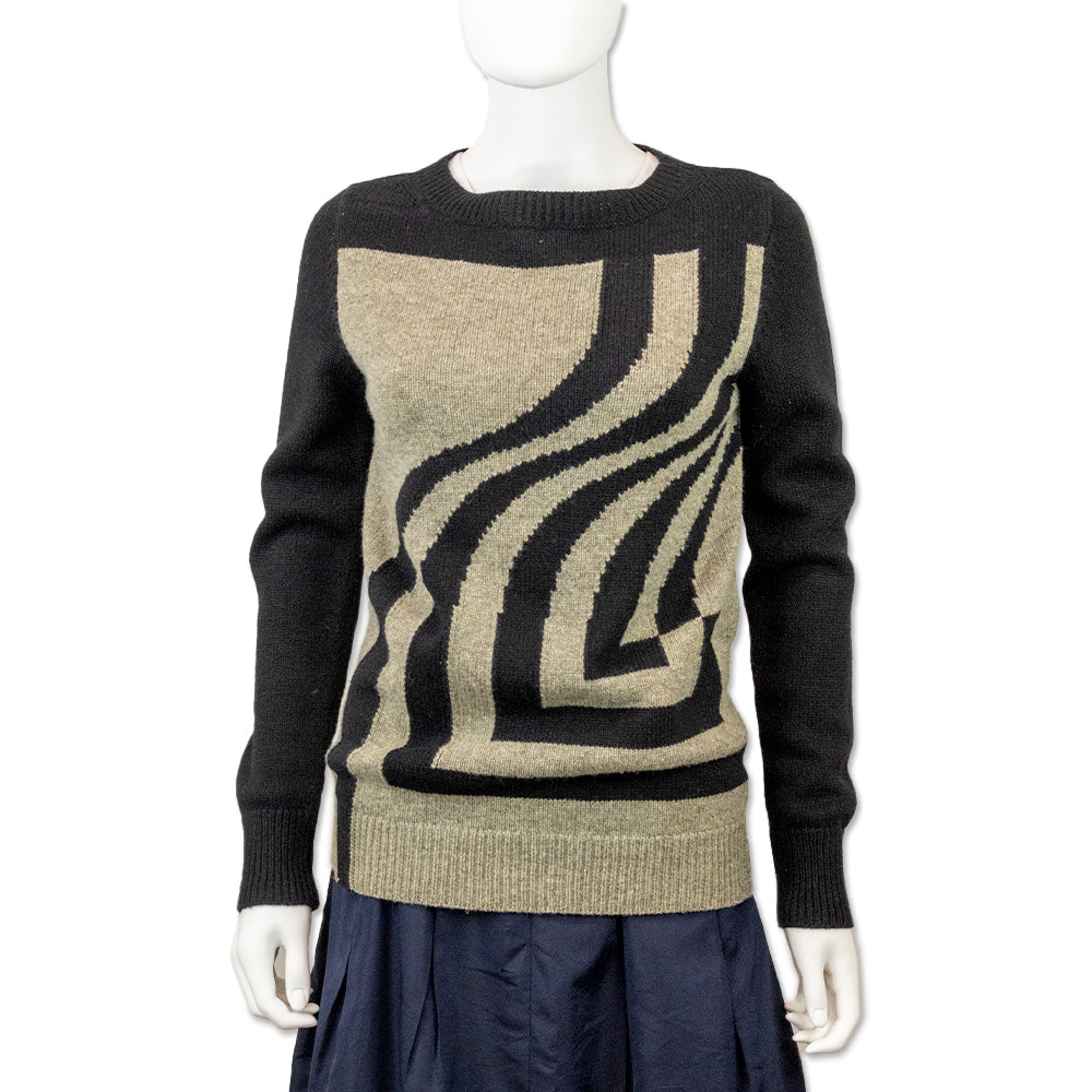 Dries Van Noten Black and Beige Abstract Print Wool Knit Sweater