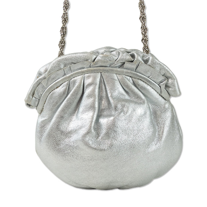 Elie Tahari Metallic Silver Leather Ruched Circle Frame Crossbody Bag