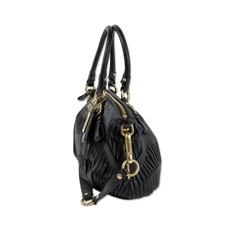 Coach Black Pleated Leather Top Handle with Brass Toned Hardware