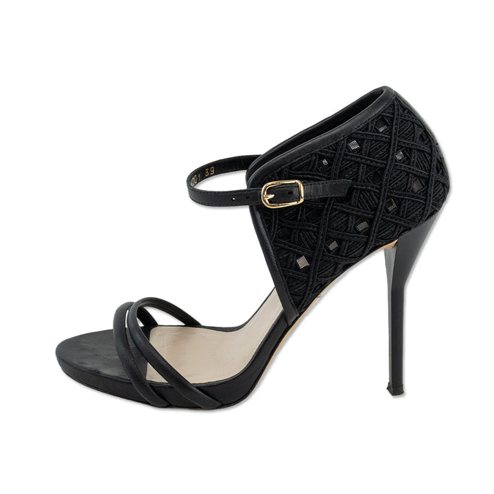 Escada Black Woven Counter Detail and Leather Strap Sandals