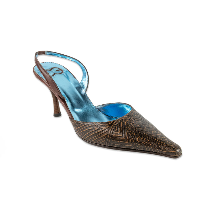 Escada Brown Patterned Leather Pointed Toe Slingback Heels