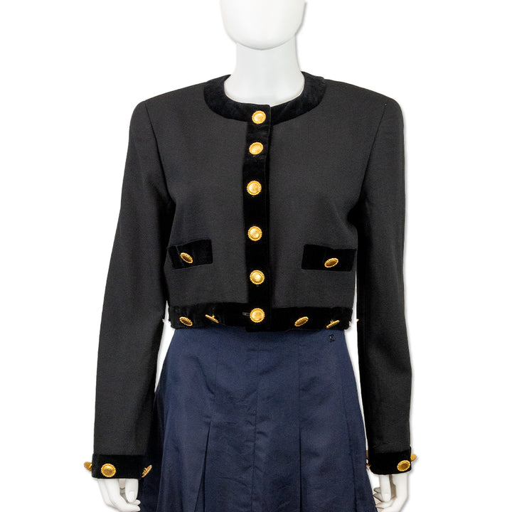 Escada Couture Black Woven Wool Velvet Trim Cropped Jacket with Gold Buttons