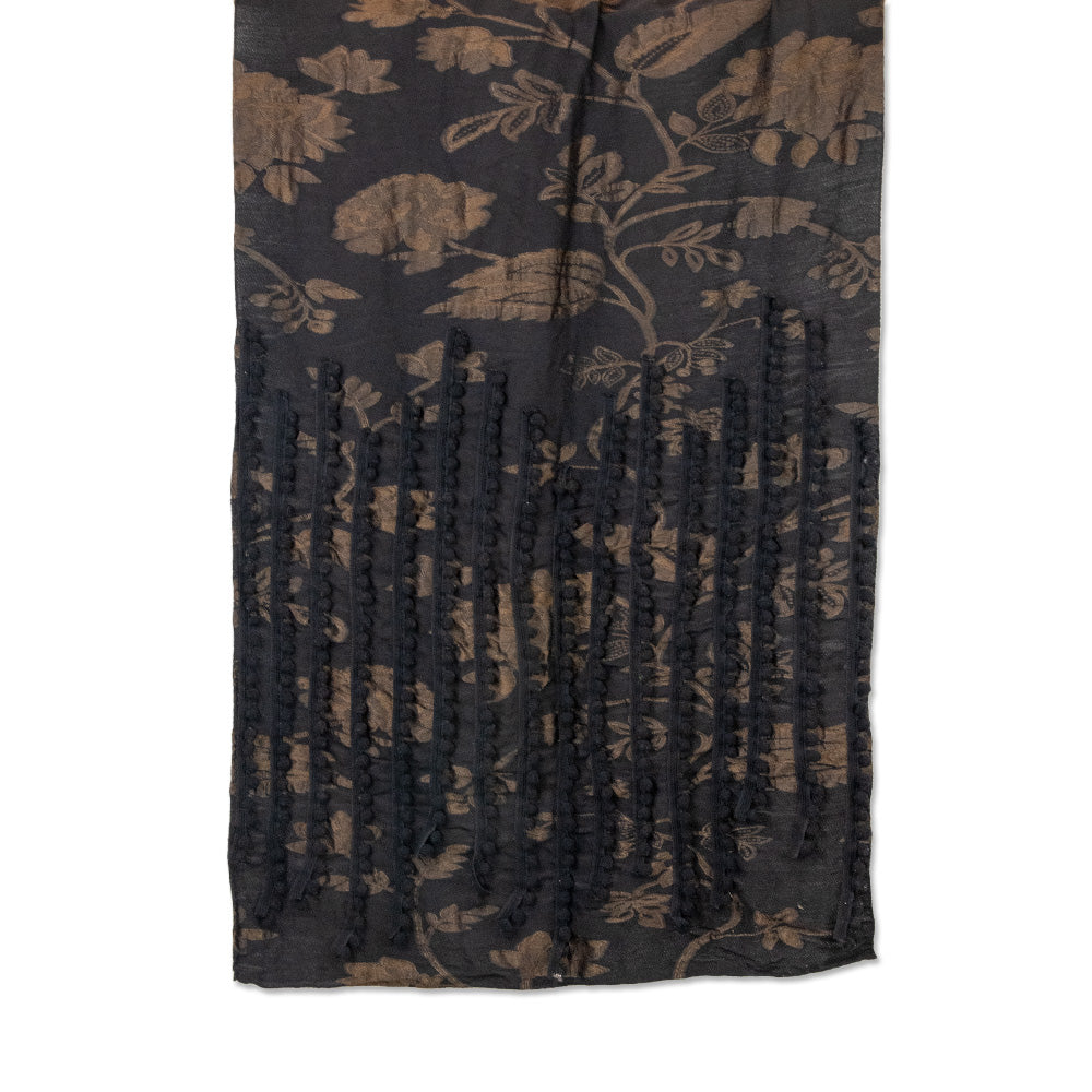 Etro Black Wool-Blend Floral Pattern Pom Pom Scarf