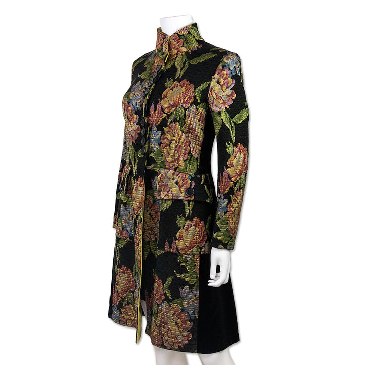 Etro Needle Point Floral High Neck Trench Coat with Velvet Lining