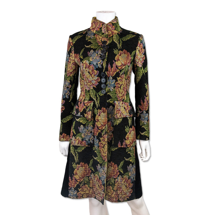 Etro Needle Point Floral High Neck Trench Coat with Velvet Lining