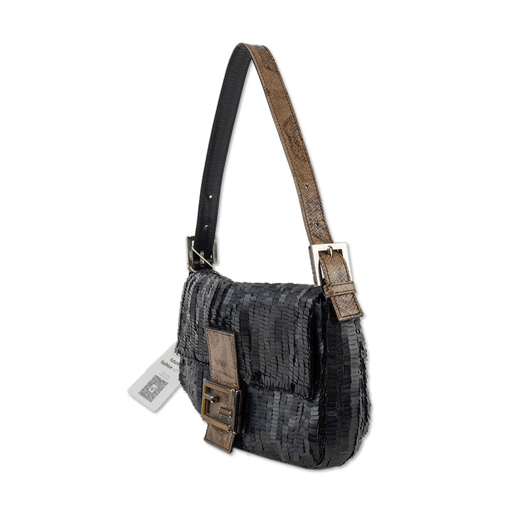 Fendi Black Sequin Snakeskin Accent Baguette Bag