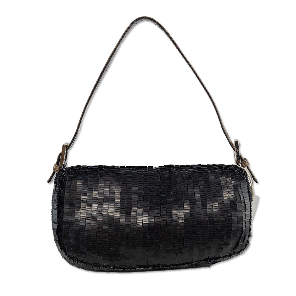 Fendi Black Sequin Snakeskin Accent Baguette Bag