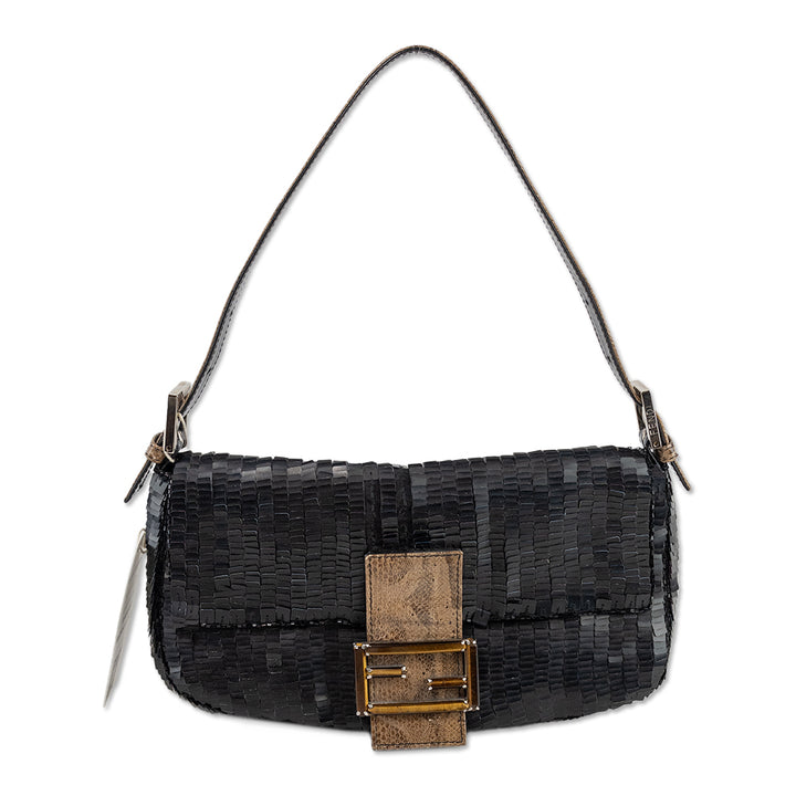 Fendi Black Sequin Snakeskin Accent Baguette Bag