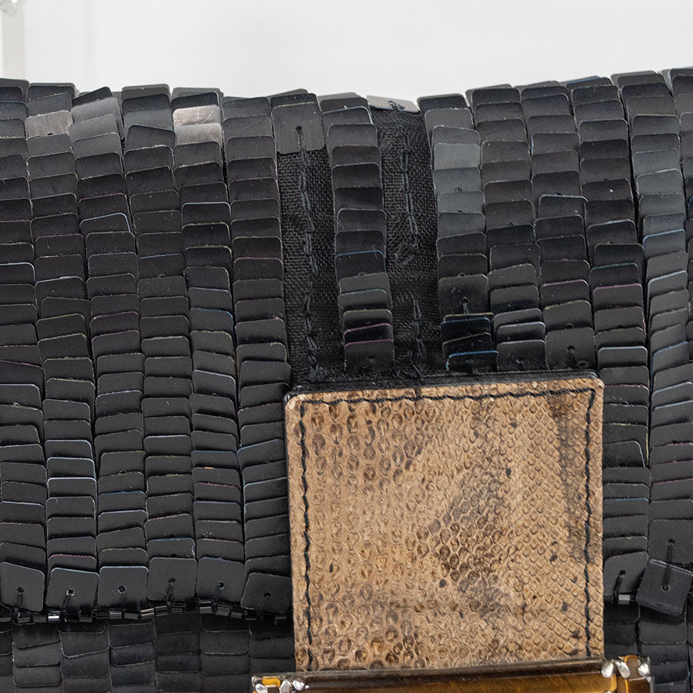 Fendi Black Sequin Snakeskin Accent Baguette Bag