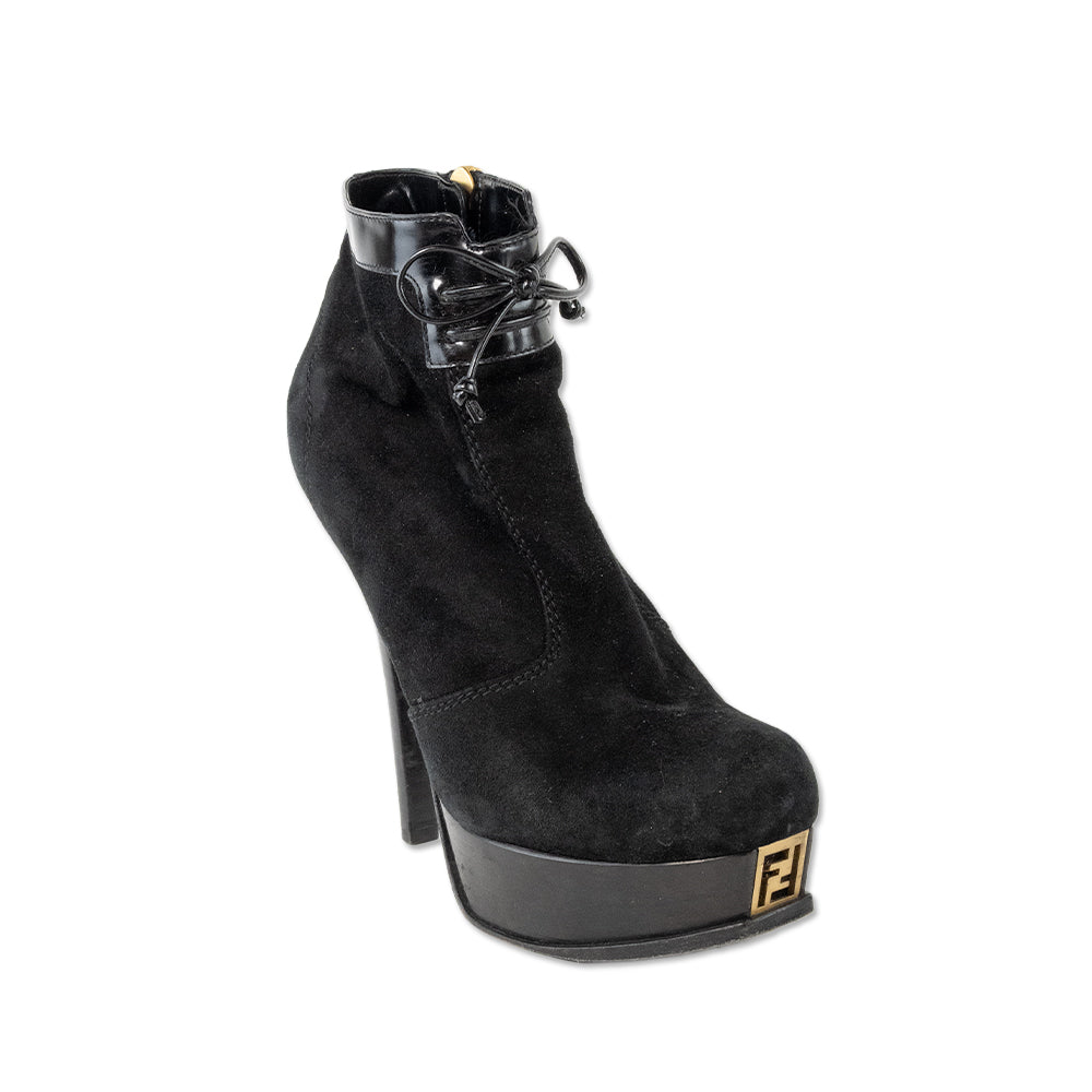 Fendi Black Suede Platform Heeled Ankle Boots