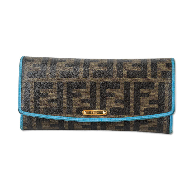 Fendi Brown Zucca Monogram Blue Trim Canvas Envelope Wallet