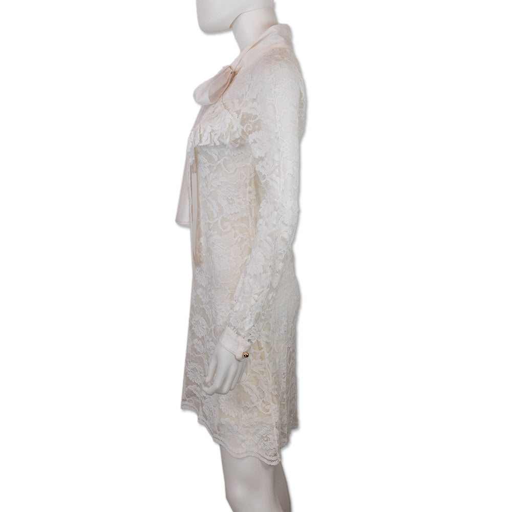 Francesco Scognamiglio White Lace Bow Long Sleeve Mini Dress