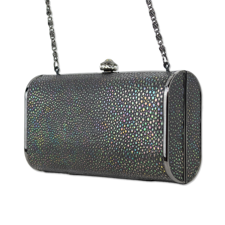 Franchi Holographic Grey Pebbeled Leather Frame Clutch