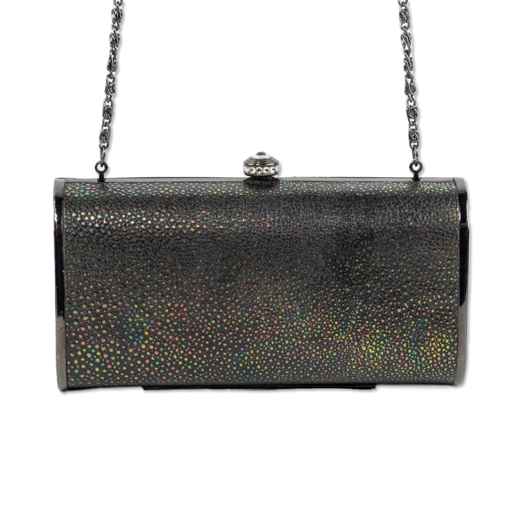 Franchi Holographic Grey Pebbeled Leather Frame Clutch