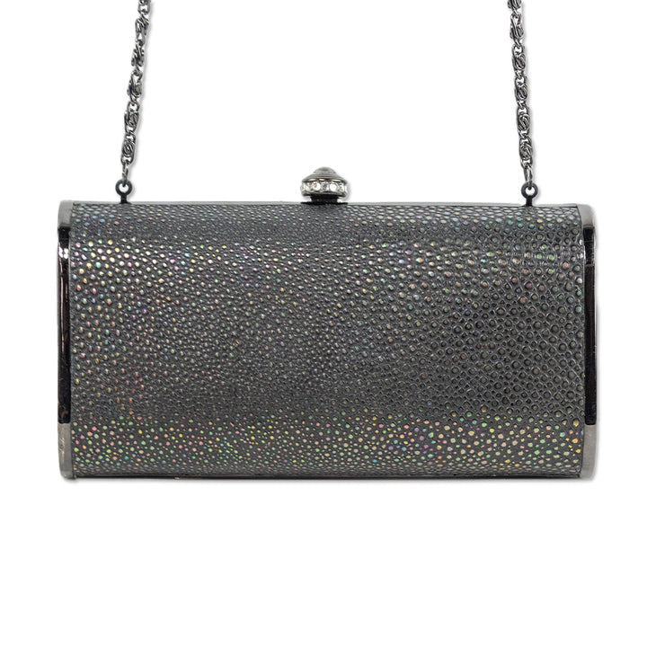 Franchi Holographic Grey Pebbeled Leather Frame Clutch