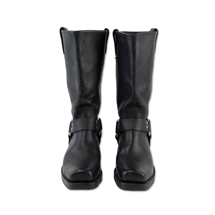 Frye Black Leather Square Toe Moto Boots