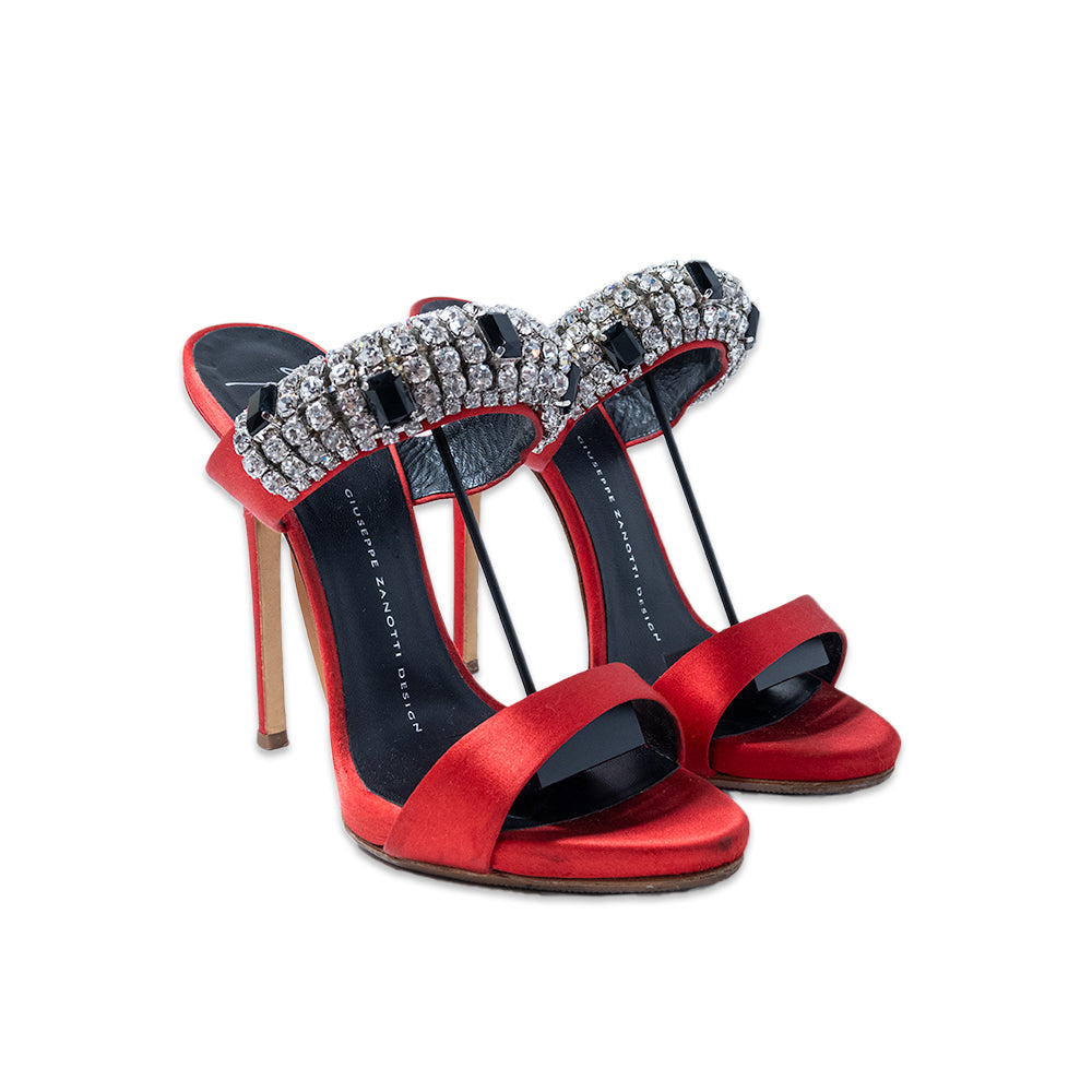 GIUSEPPE ZANOTTI MULTI CRYSTAL TRIM RED SATIN PUMP