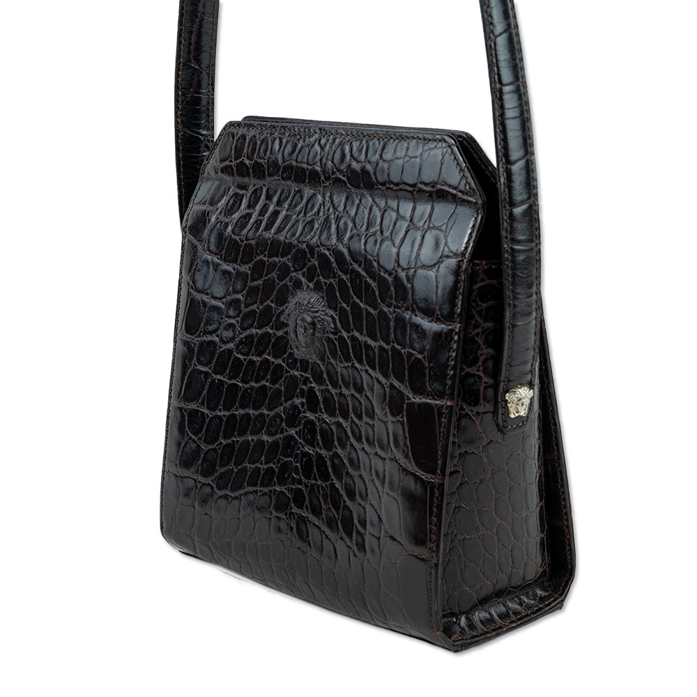 Gianni Versace Burgundy Crocodile Embossed Patent Leather Crossbody Bag