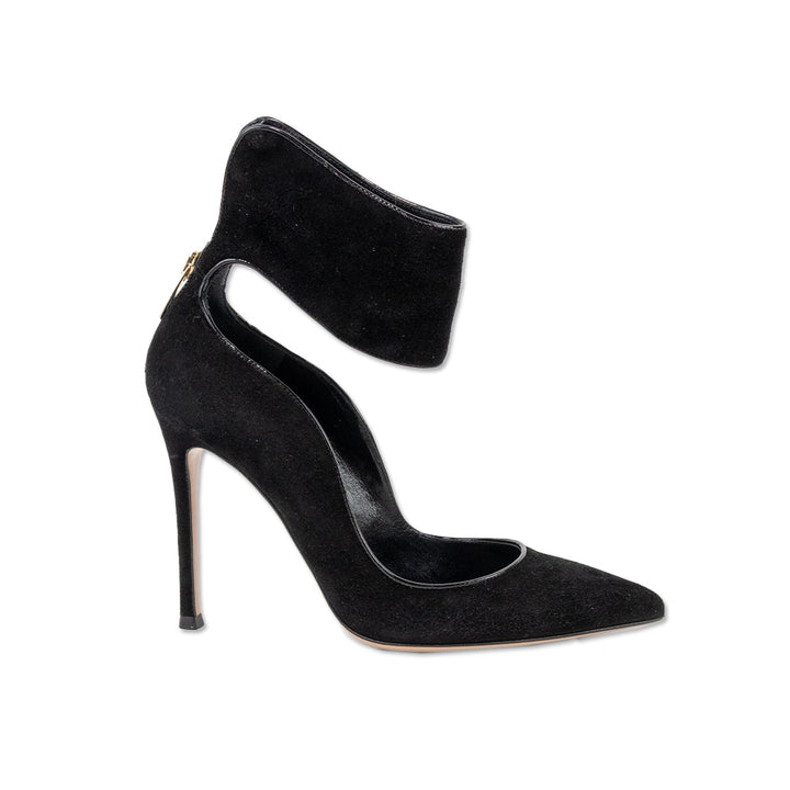 Gianvito Rossi Black Suede Pointed Toe Pumps with Ankle Strap