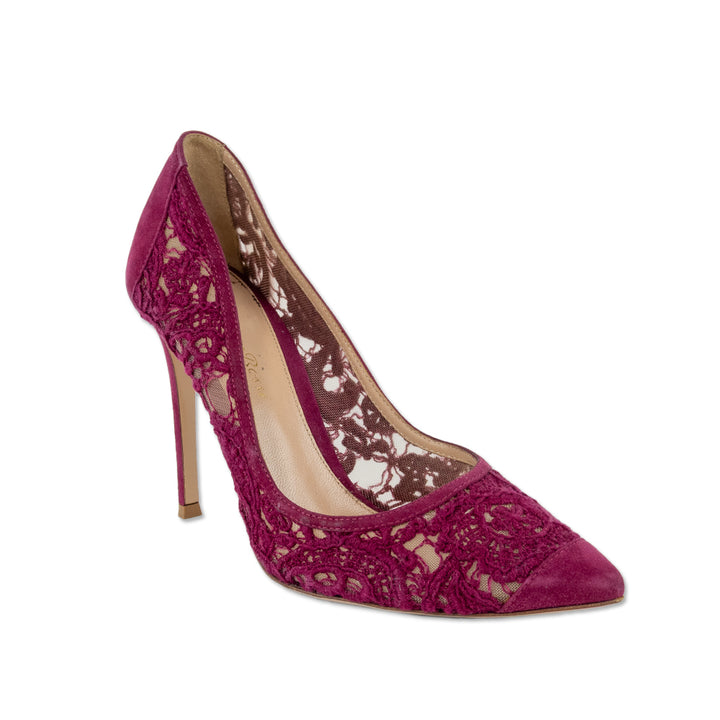 Gianvito Rossi Magenta Floral Lace Suede Trim Pumps