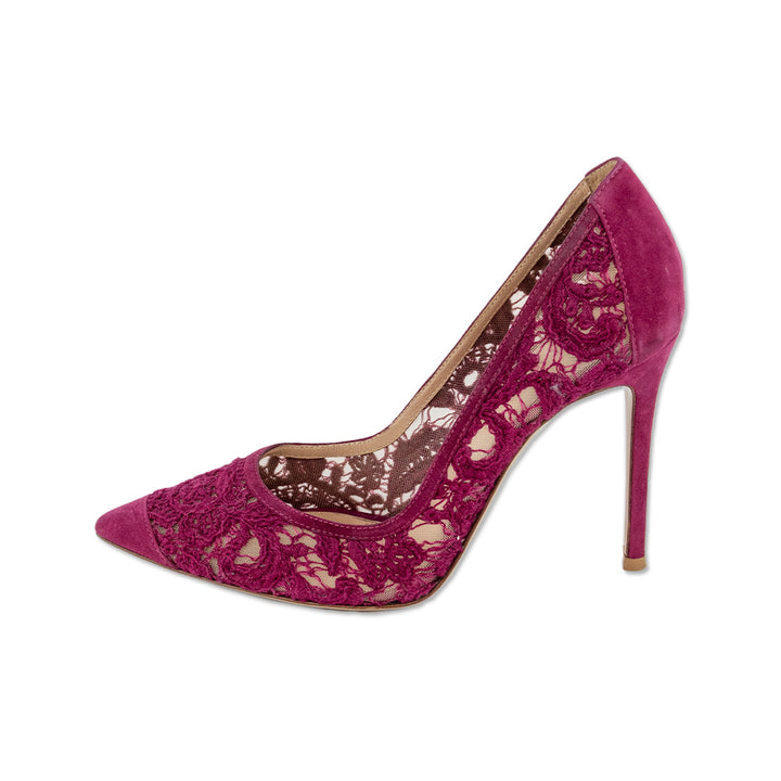 Gianvito Rossi Magenta Floral Lace Suede Trim Pumps