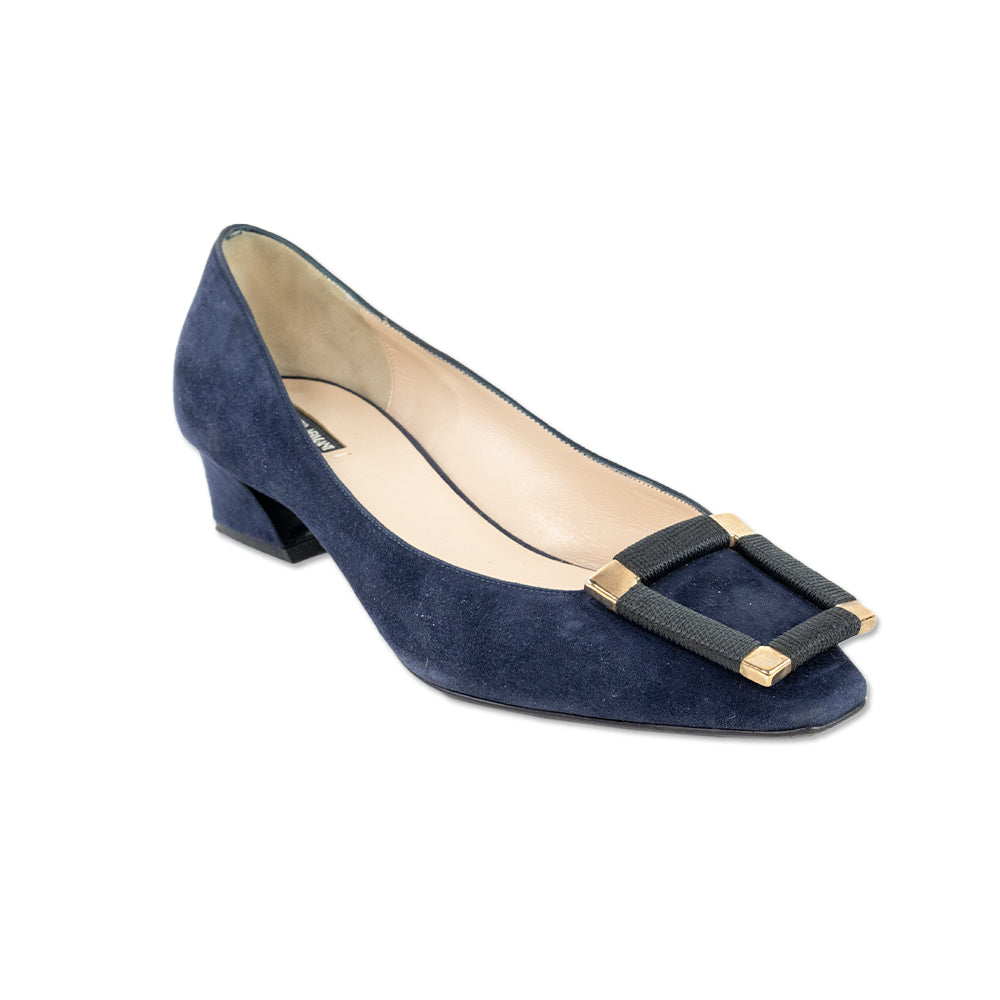 Giorgio Armani Blue Suede Loafers with Square Toe Buckle