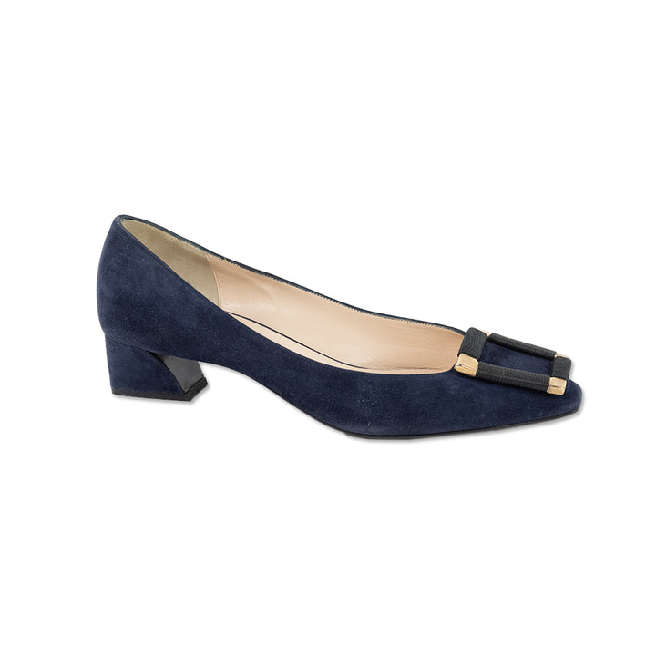 Giorgio Armani Blue Suede Loafers with Square Toe Buckle