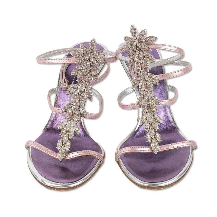 Giuseppe Zanotti Crystal Leaf Pink Metallic Strappy Sandals