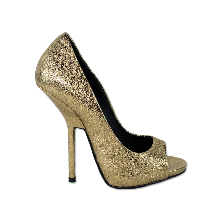 Giuseppe Zanotti Crinkle Gold Leather Peep Toe Pumps