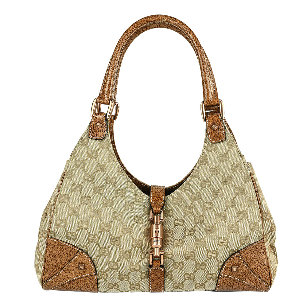 Gucci Beige Canvas 
Leather Jackie Bardot Hobo Bag