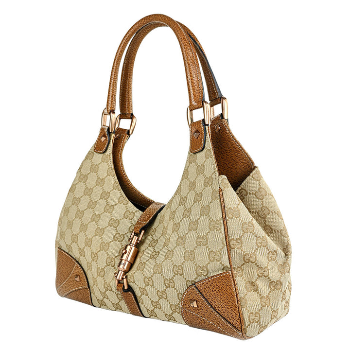 Gucci Beige Canvas 
Leather Jackie Bardot Hobo Bag