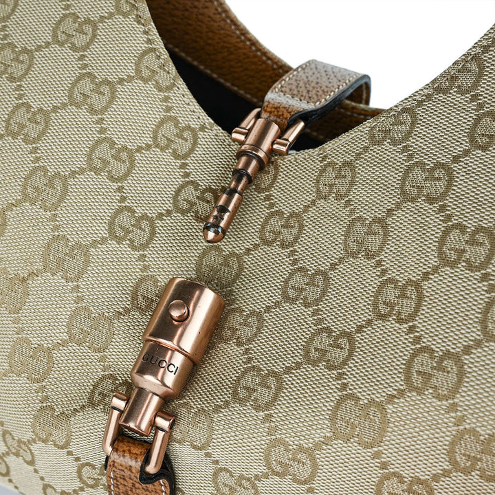 Gucci Beige Canvas 
Leather Jackie Bardot Hobo Bag