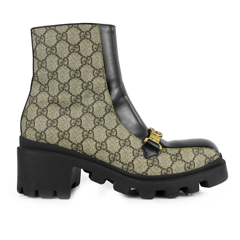 Gucci Black Interlocking G Horsebit Canvas Ankle Boots