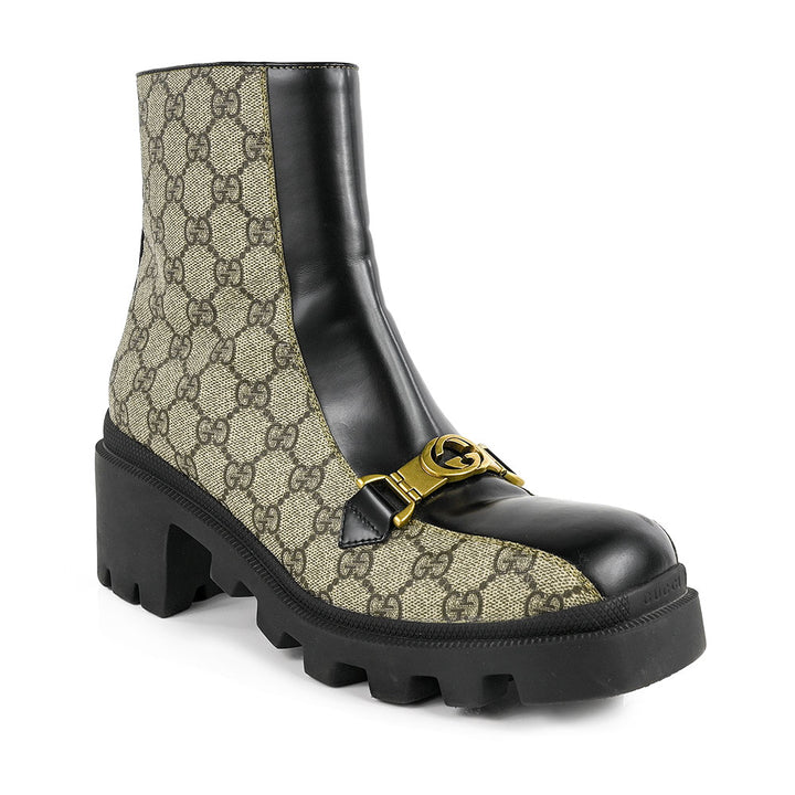 Gucci Black Interlocking G Horsebit Canvas Ankle Boots