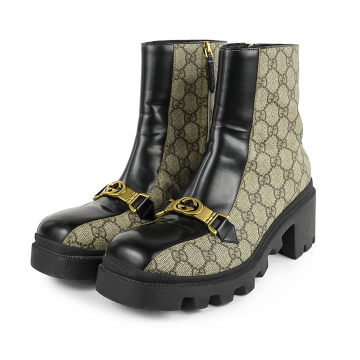 Gucci Black Interlocking G Horsebit Canvas Ankle Boots