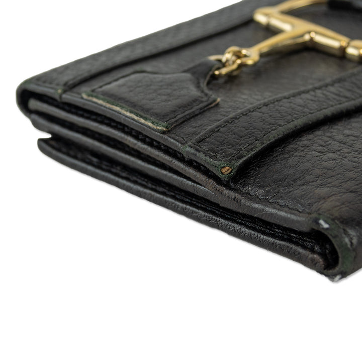 Gucci Black Grained Leather Gold Horsebit Trifold Wallet