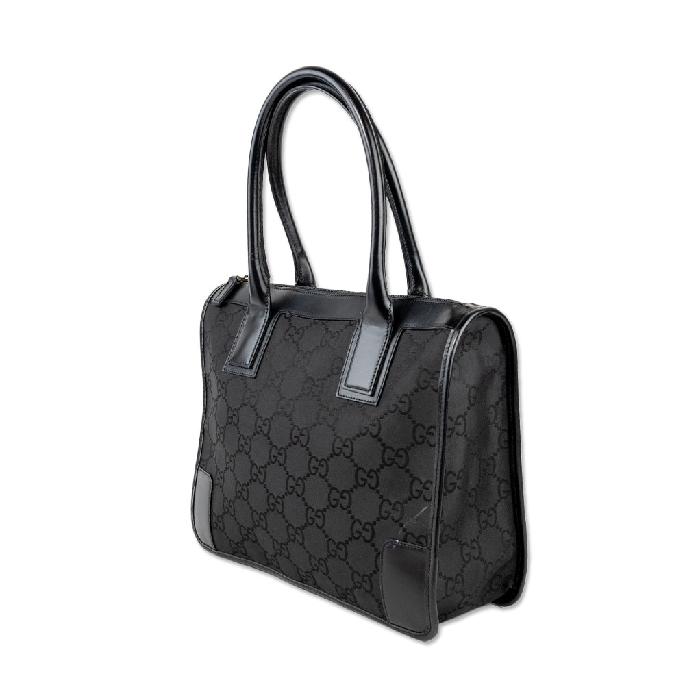 Gucci Black Monogram Top Handle Tote with Leather Accents