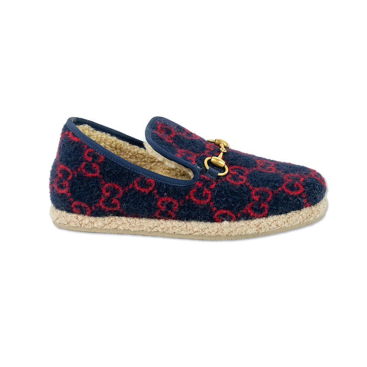 Gucci Fria Navy Wool Red GG Supreme Horsebit Loafers