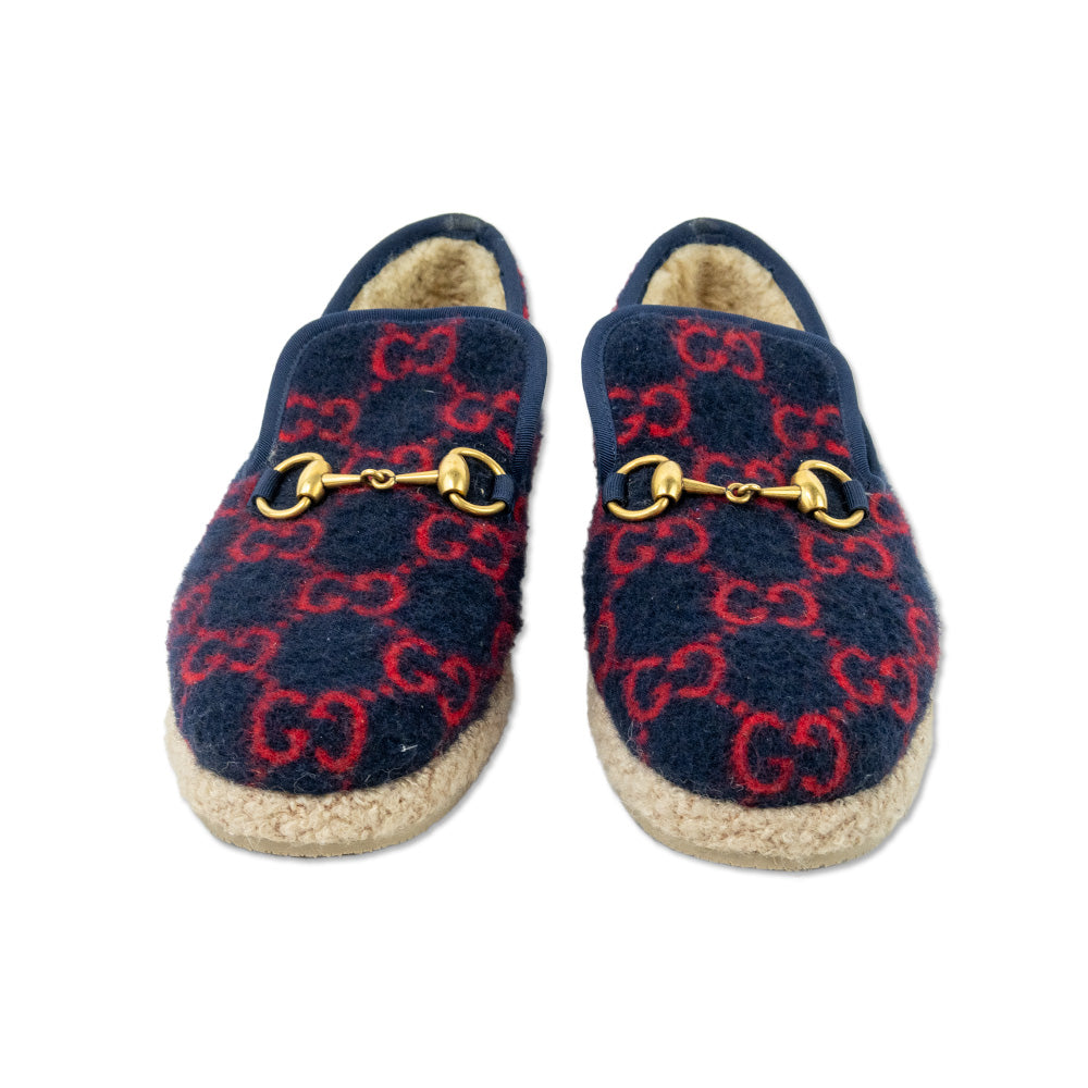 Gucci Fria Navy Wool Red GG Supreme Horsebit Loafers