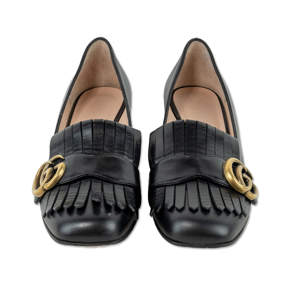 Gucci GG Marmont Black Leather Fringe Loafer Pumps