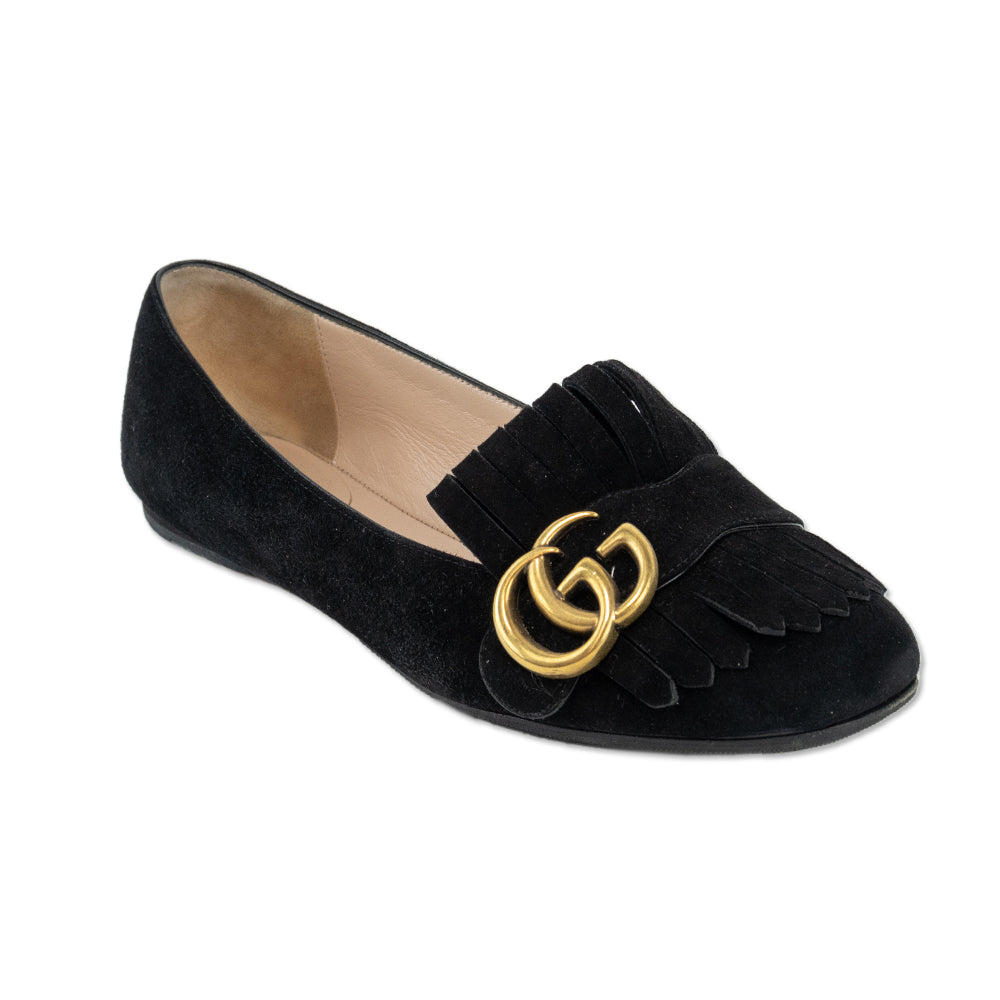 Gucci Kid Scamosciato GG Marmont Black Suede Fringe Loafer