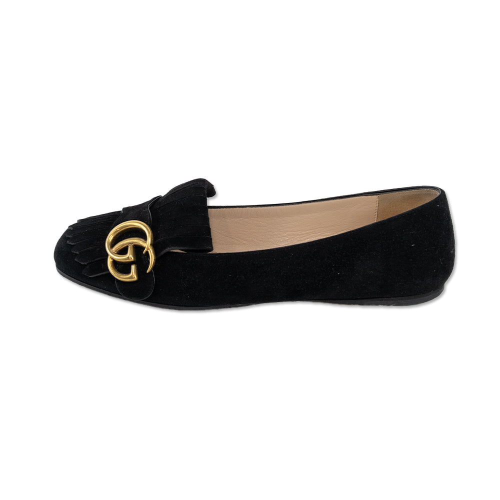 Gucci Kid Scamosciato GG Marmont Black Suede Fringe Loafer