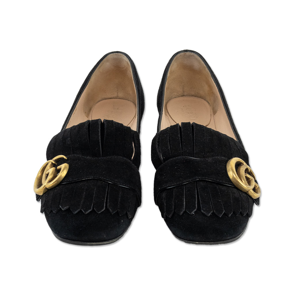 Gucci Kid Scamosciato GG Marmont Black Suede Fringe Loafer