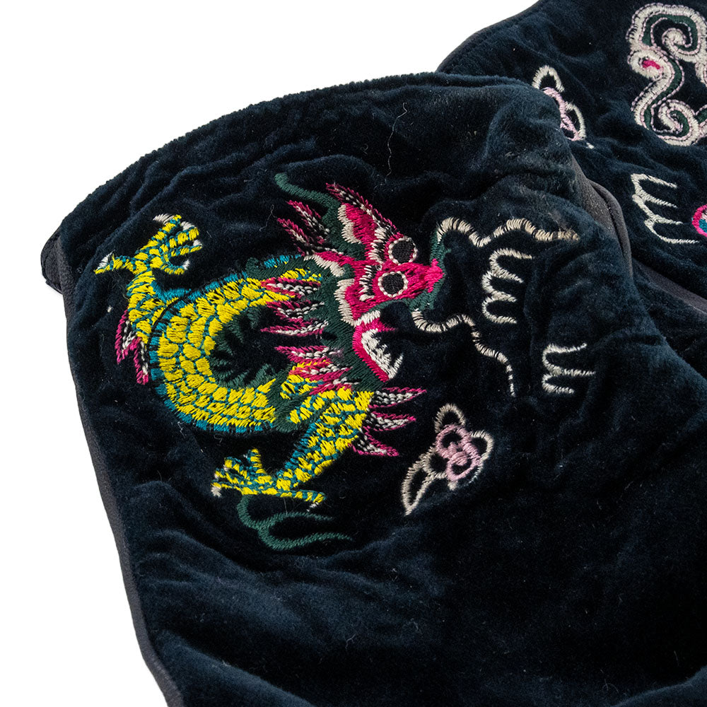 Gucci Leather and Velvet Navy Gloves with Dragon Embroidery