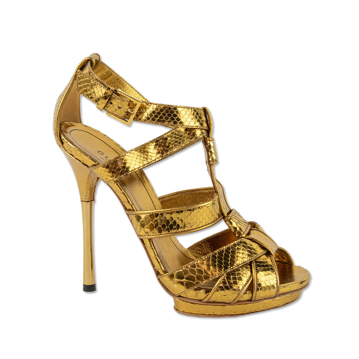 Gucci Metallic Gold Snake-Embossed Malika Sandals